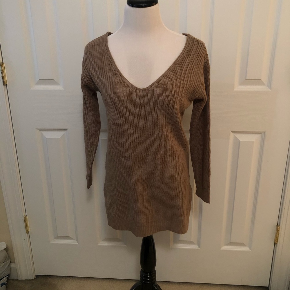 Tan/brown v-neck sweater with cris cross back